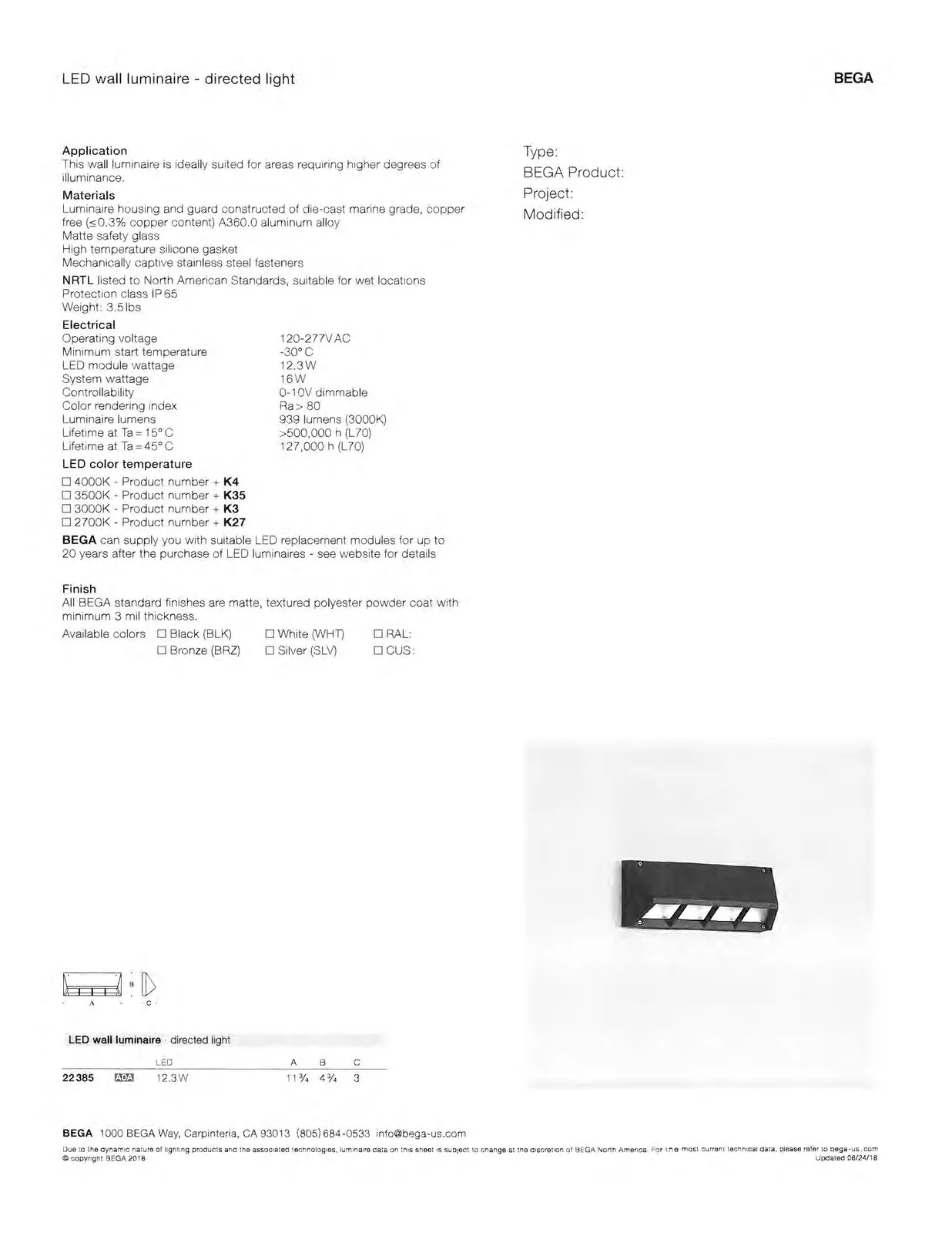 LED wall luminaire product photo and dimensional line drawing