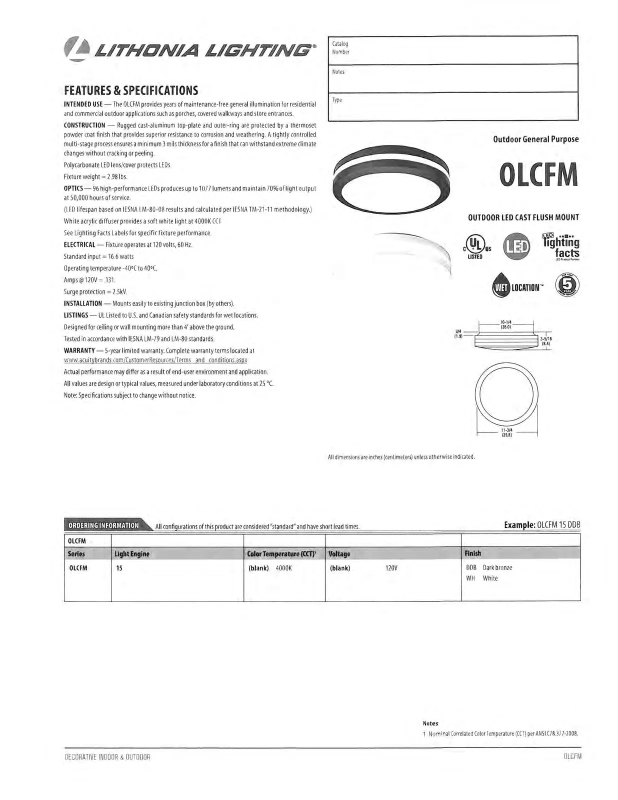 Outdoor LED Cast Flush Mount product photos and dimensional drawings showing front, side, and bottom views