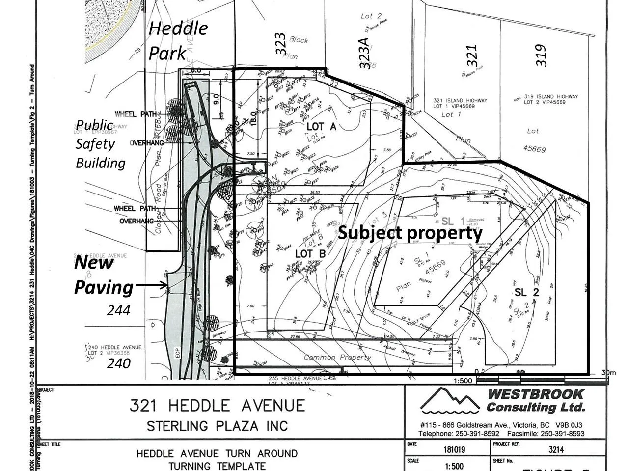 Map titled 321 Heddle Avenue Turn Around Turning Template showing tree removal required for standard frontage improvements