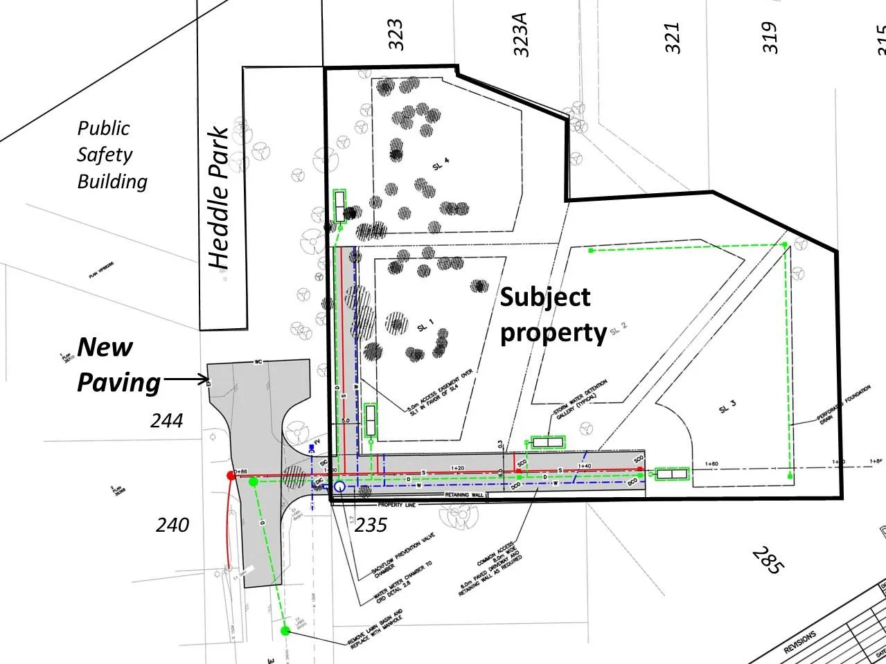 Proposed site servicing schematic map for 231 Heddle Avenue showing proposed driveway and tree retention