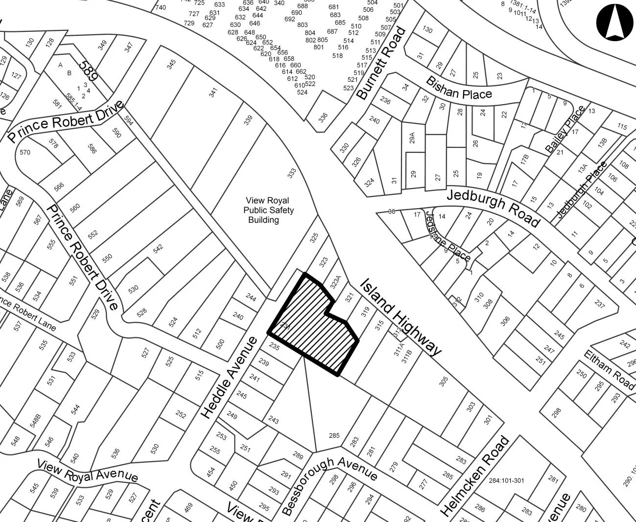 Location plan map highlighting the property at 231 Heddle Avenue and surrounding streets, including Island Highway, Bessborough Avenue, Prince Robert Drive, and the View Royal Public Safety Building.