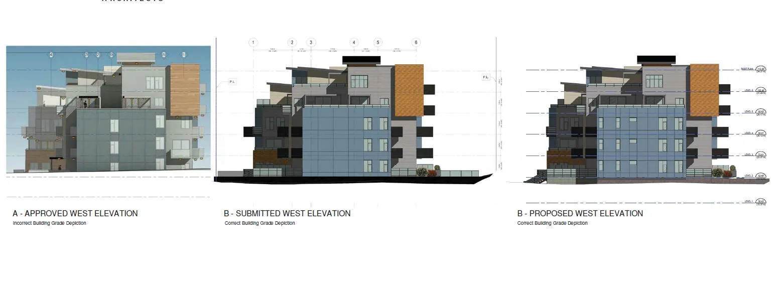 Figure 3. Comparison of approved, submitted, and proposed west elevations.
