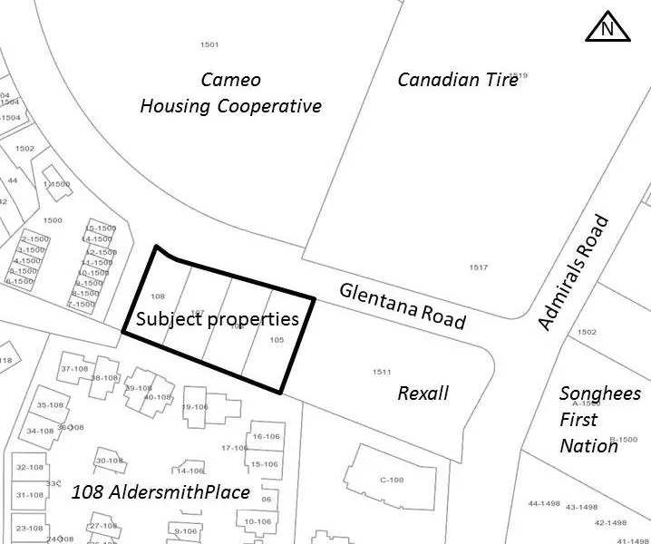 Location plan showing subject properties at 105-108 Glentana Road and surrounding area including Cameo Housing Cooperative, Canadian Tire, Rexall, and Songhees First Nation.