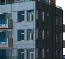 Detail rendering of the central building facade