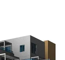 Detail rendering of the upper building levels and roofline