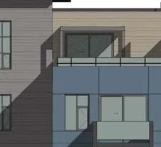 Detail of building facade showing updated glazing and balconies