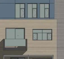 Detail of middle floor balcony and exterior finishes