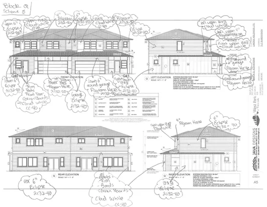 Site plan showing building locations for Schemes 1, 5, 6, and 7, and house renderings for Scheme 1 and Scheme 5