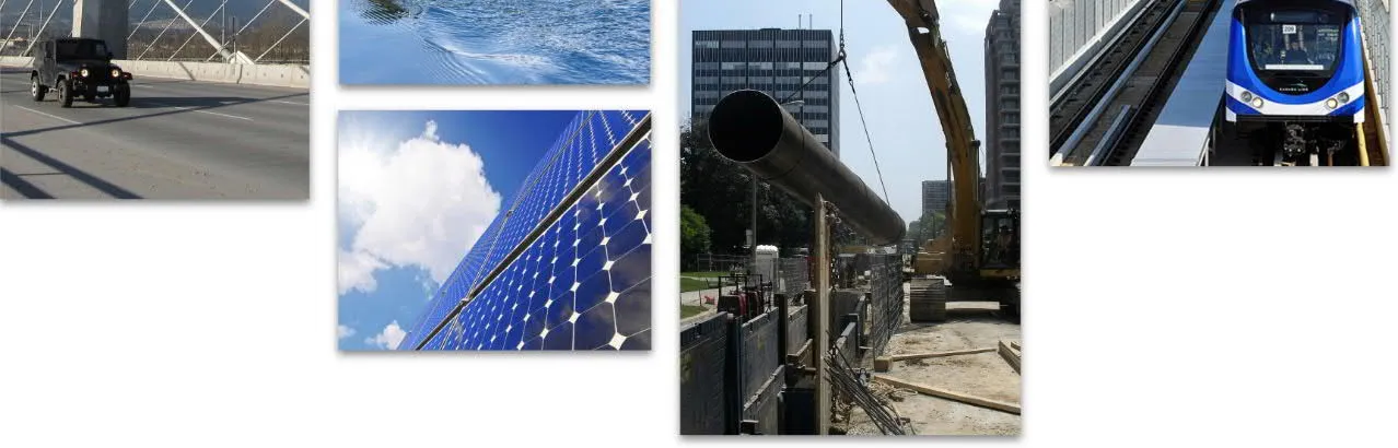 Collage showing transportation, energy, and construction