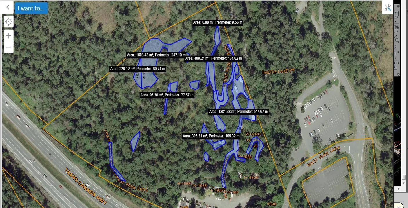 Aerial analysis map showing pre-development condition impervious areas with area callouts