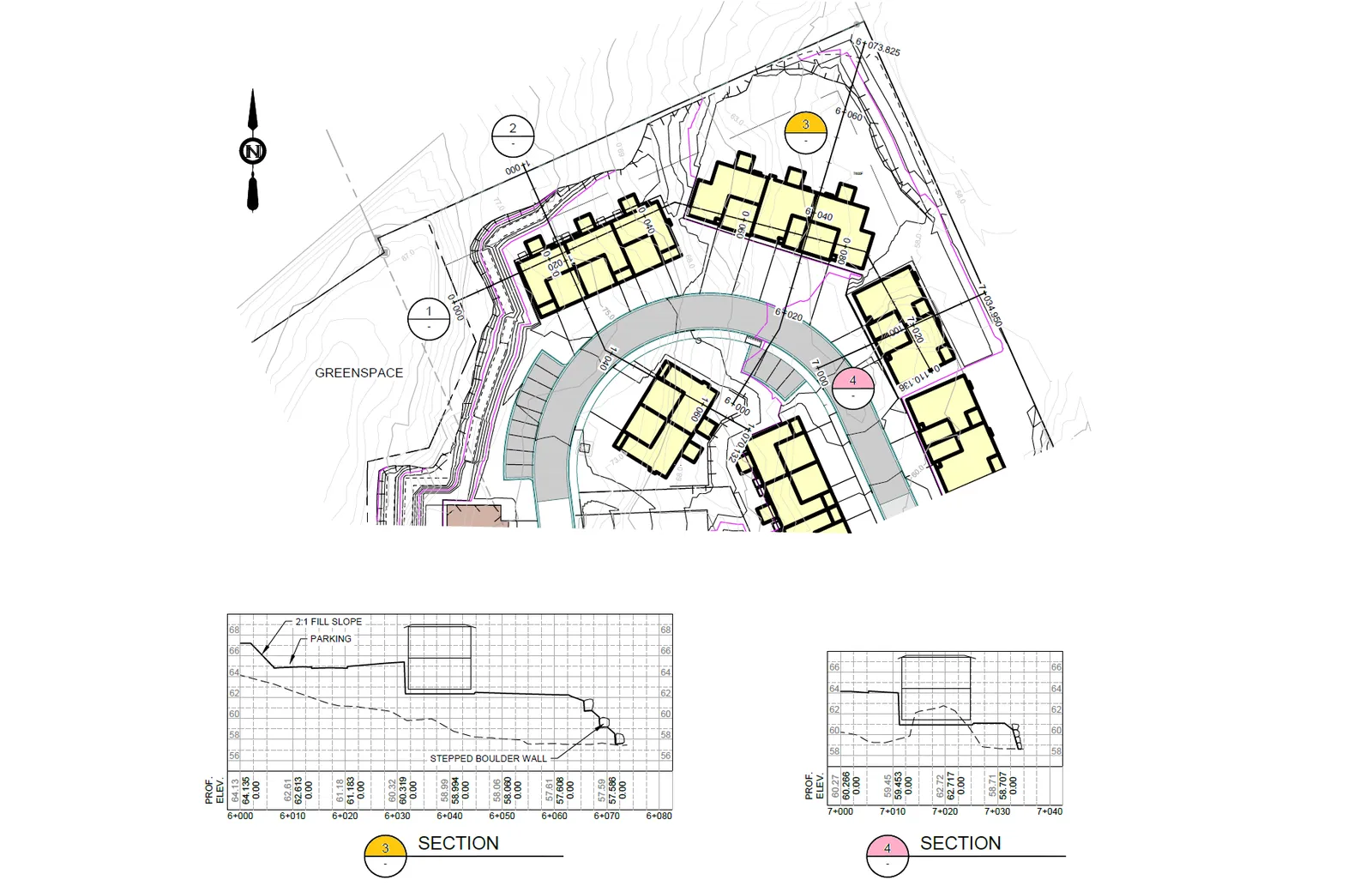 Profile sections 3 and 4 showing building placement relative to grade and stepped boulder walls