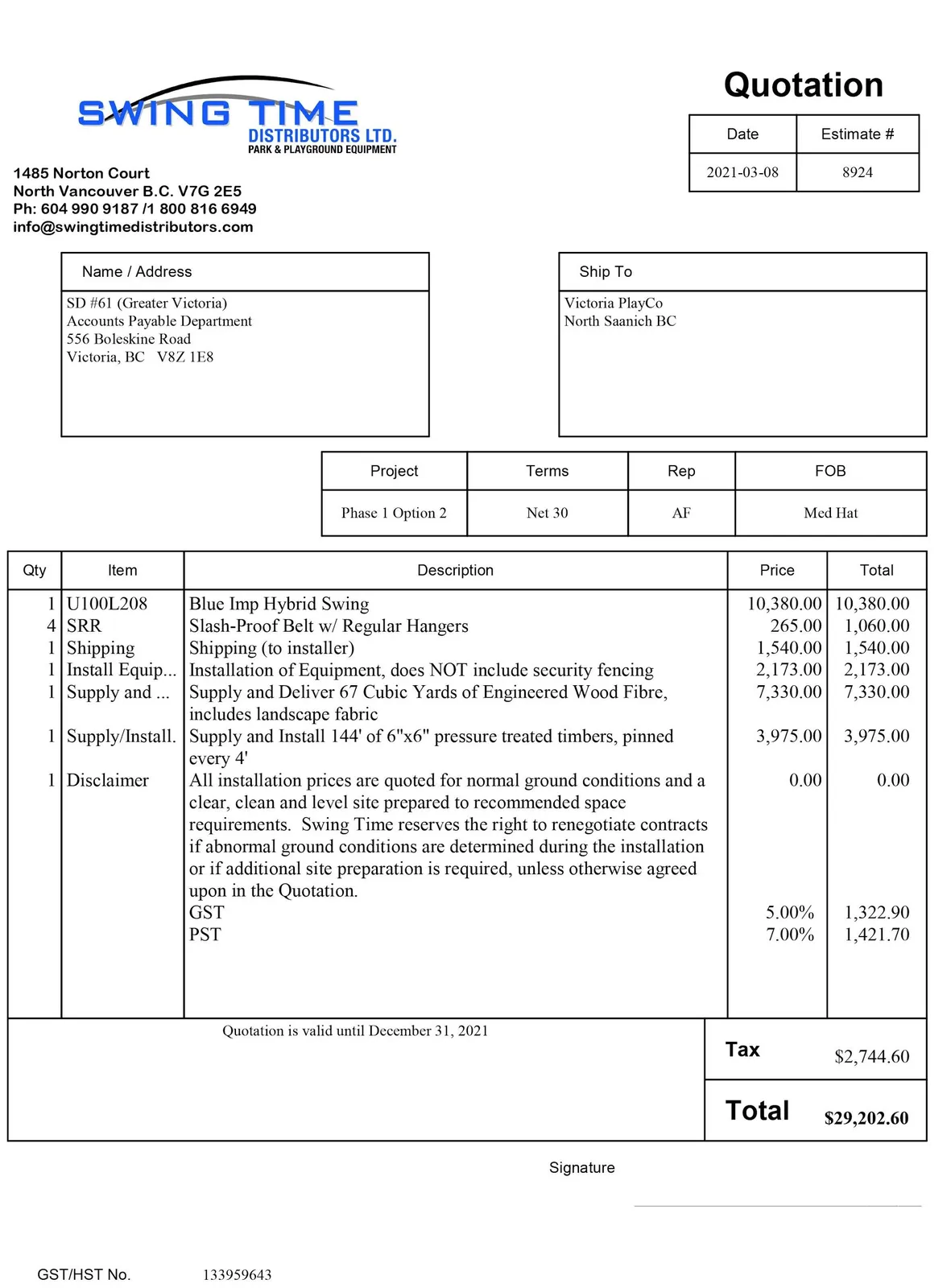 Quotation from Swing Time Distributors Ltd. for Phase 1