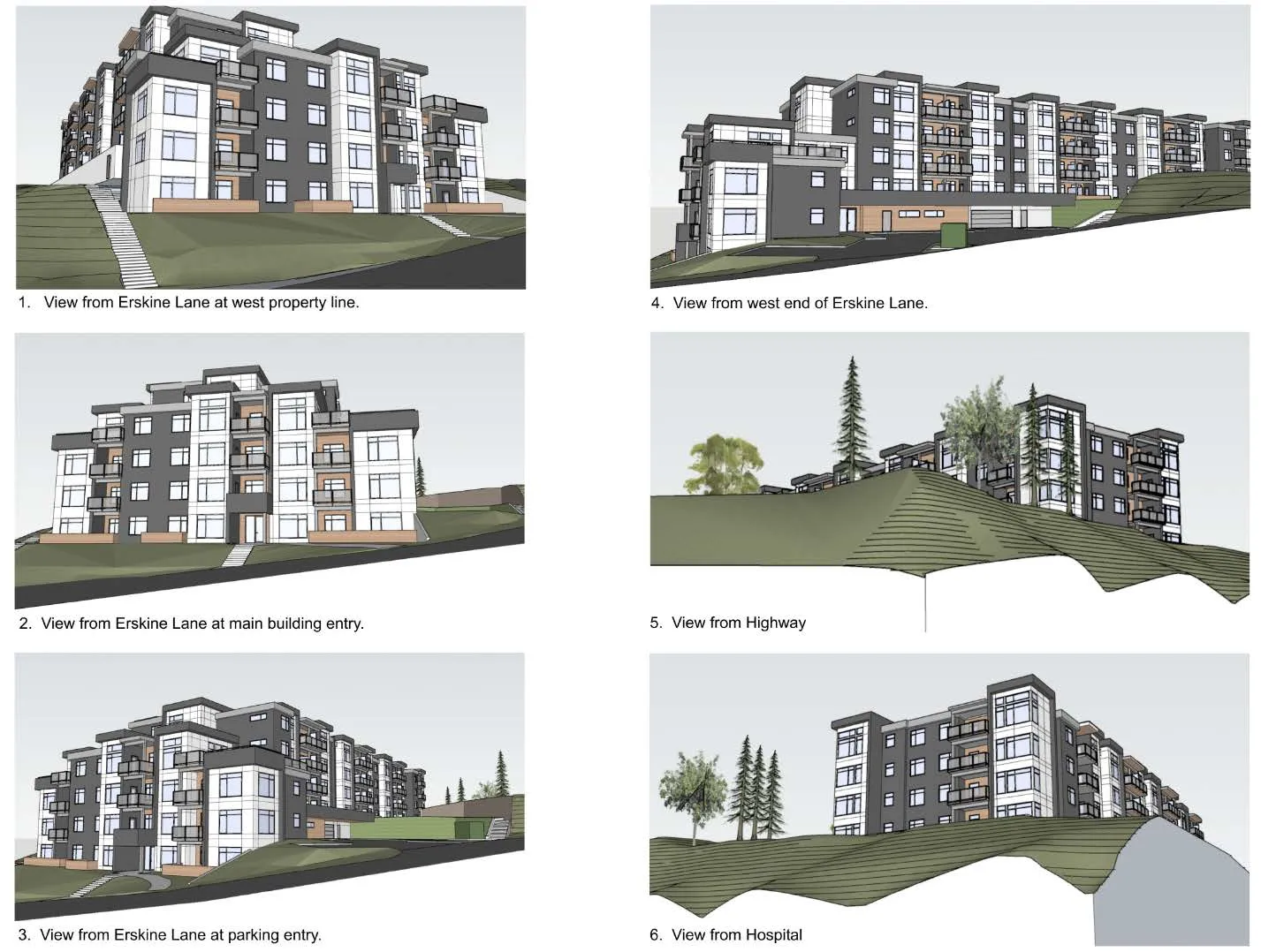 Figure 3. Six perspective renderings showing views from various angles including Erskine Lane, the Highway, and the Hospital