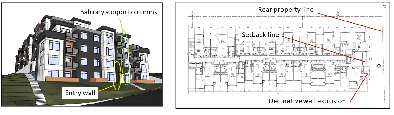 Figure 6. View from Erskine lane showing balcony support columns and entry wall; and Figure 7. Part site plan showing setback line and decorative wall extrusion
