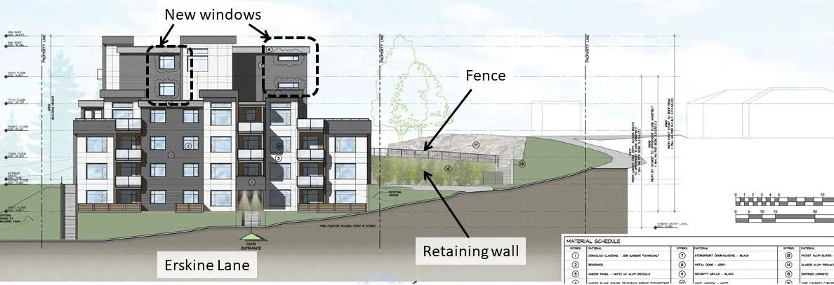 Figure 9. View of fence and retaining wall from Erskine Lane (‘south’ elevation) showing new windows, fence, and retaining wall