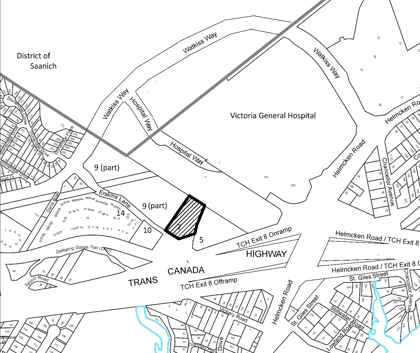 Location plan map showing the area surrounding the Victoria General Hospital, bordered by Watkiss Way, Hospital Way, and Helmcken Road. The map highlights a specific property with a thick black outline and diagonal hatching located near Erskine Lane and Hospital Way, adjacent to the Trans-Canada Highway and the Galloping Goose Trail.