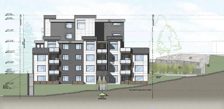 Full building elevation highlighting bicycle room with new doors and windows