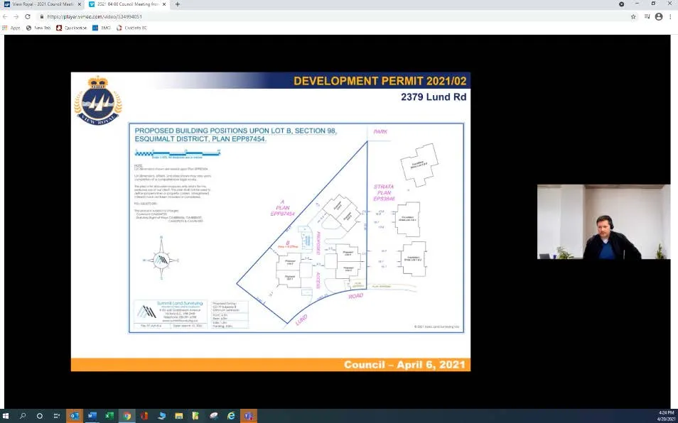 Webcast view of a development permit presentation with a small video feed of the speaker