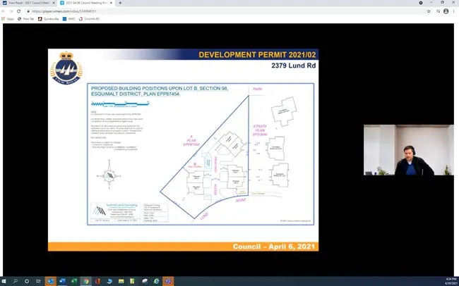 Presentation slide for Development Permit 2021/02 regarding 2379 Lund Rd, displaying a site plan of proposed building positions