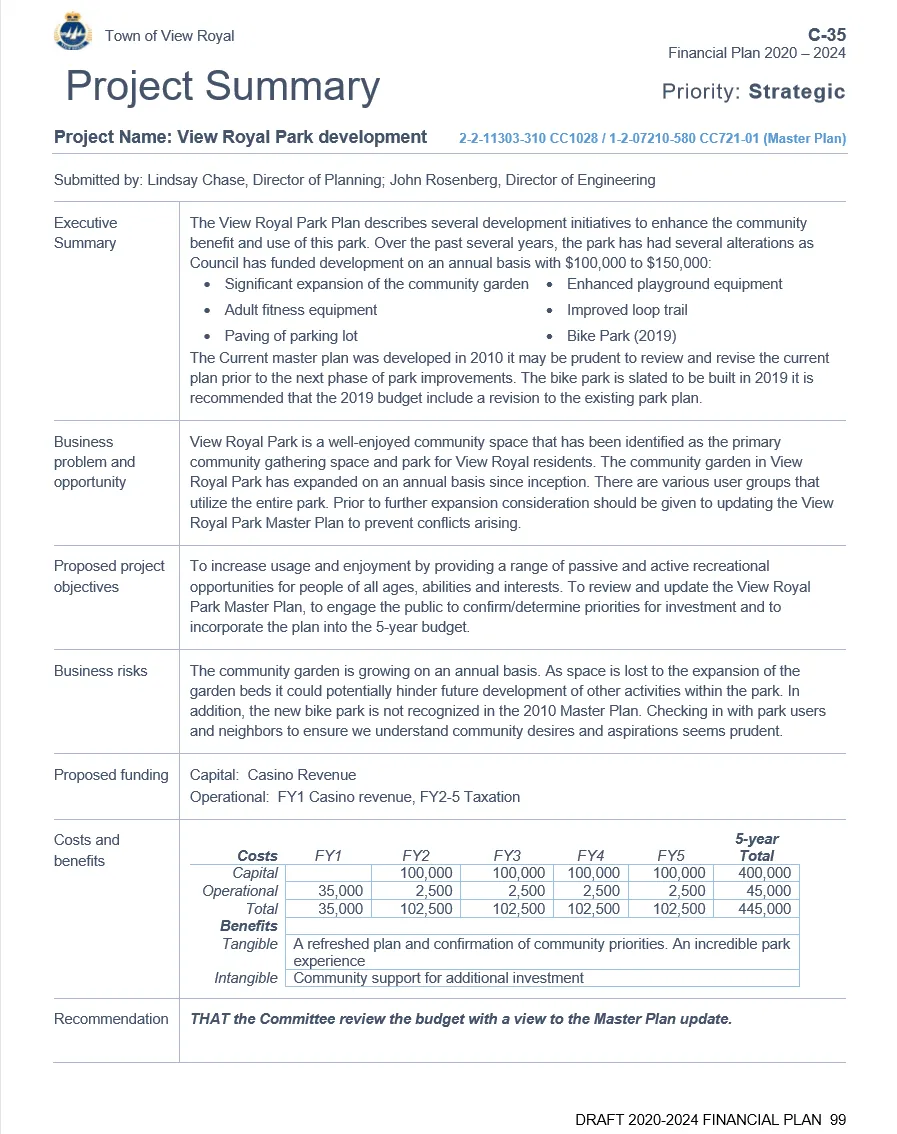 Annotated slide of the "Project Summary" form for View Royal Park development