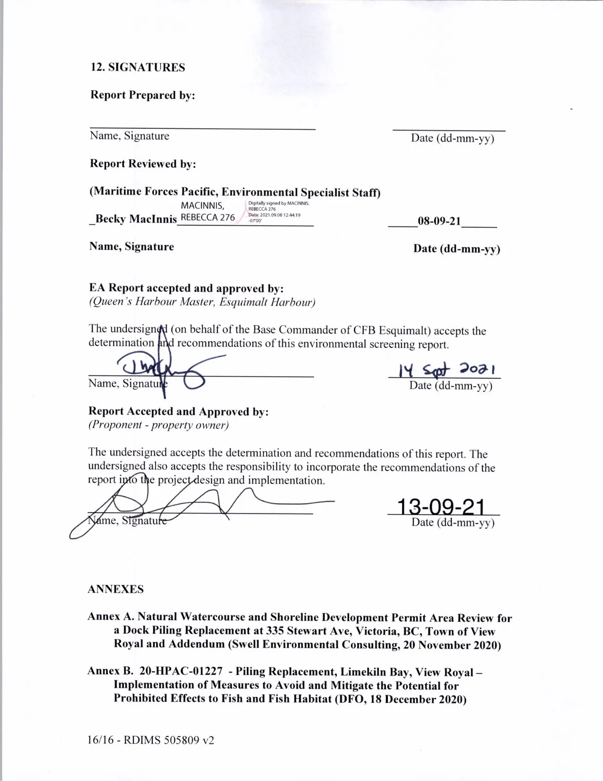 Section 12. Signatures page for report preparation, review, and approval.