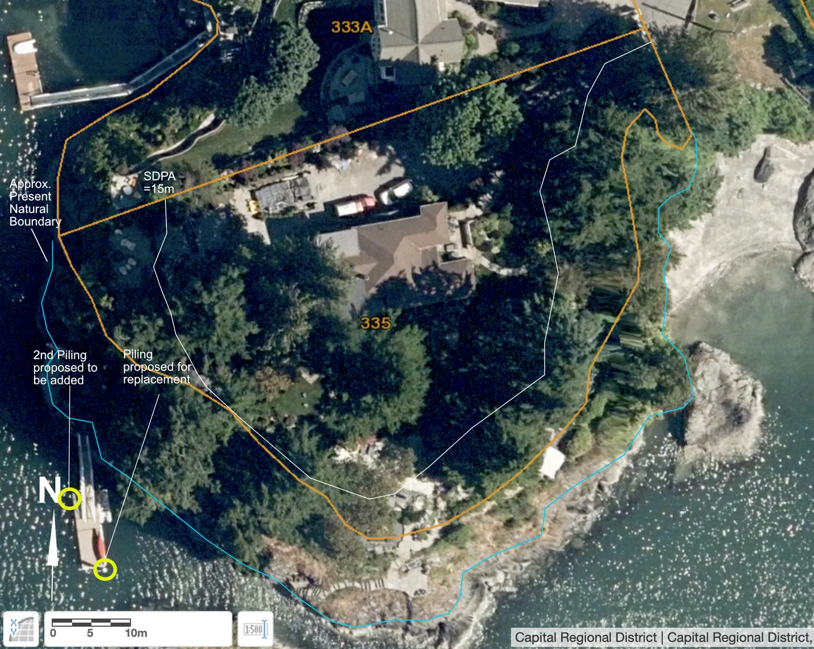 Airphoto showing location of proposed piling for replacement and second piling to be added to the northwest corner of the dock