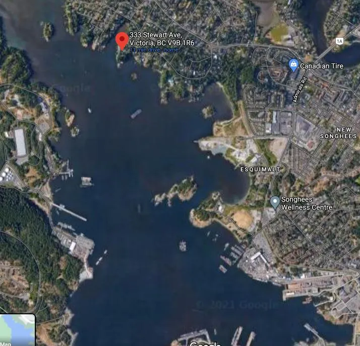 Localization of work site in Esquimalt Harbour (Google maps)