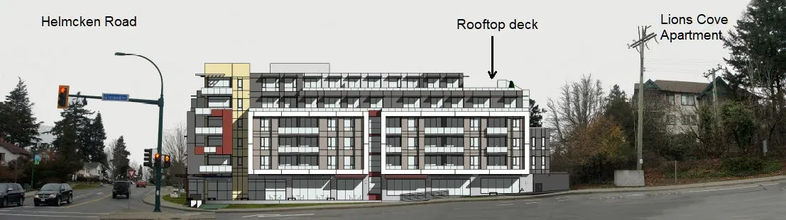 Rendering showing the Island Highway frontage of the proposed development in context with Helmcken Road, the communal rooftop deck, and the adjacent Lions Cove Apartment