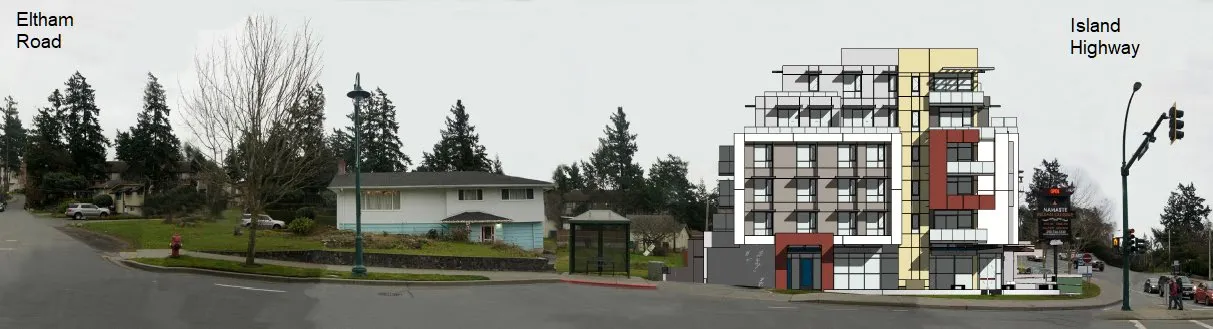 Rendering showing the Helmcken Road frontage of the proposed development relative to Eltham Road and the Island Highway intersection
