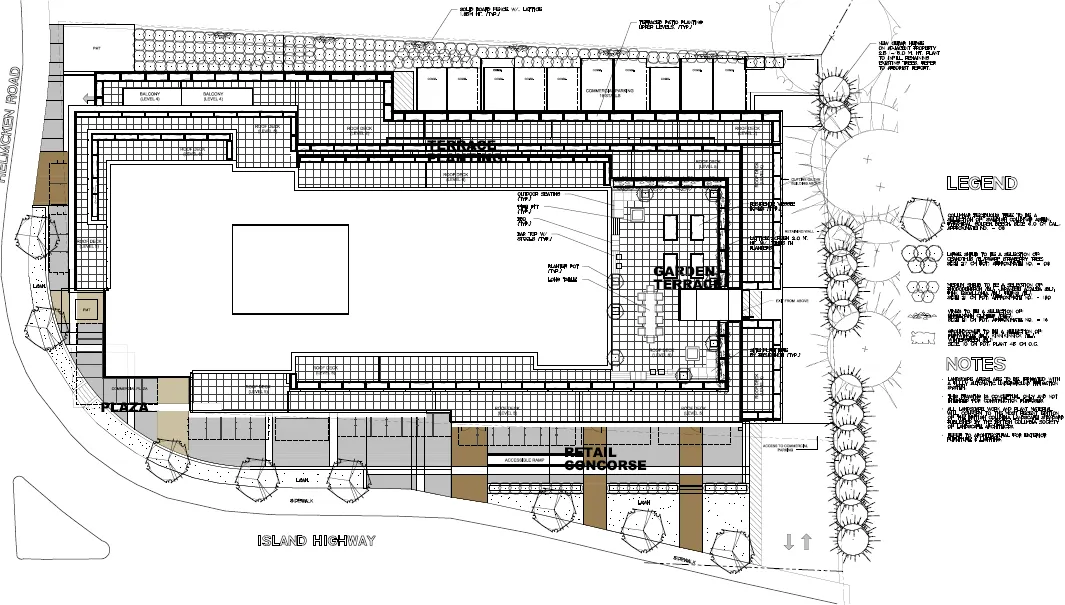 Detailed landscape site plan showing the garden terrace, plaza, and retail concourse areas
