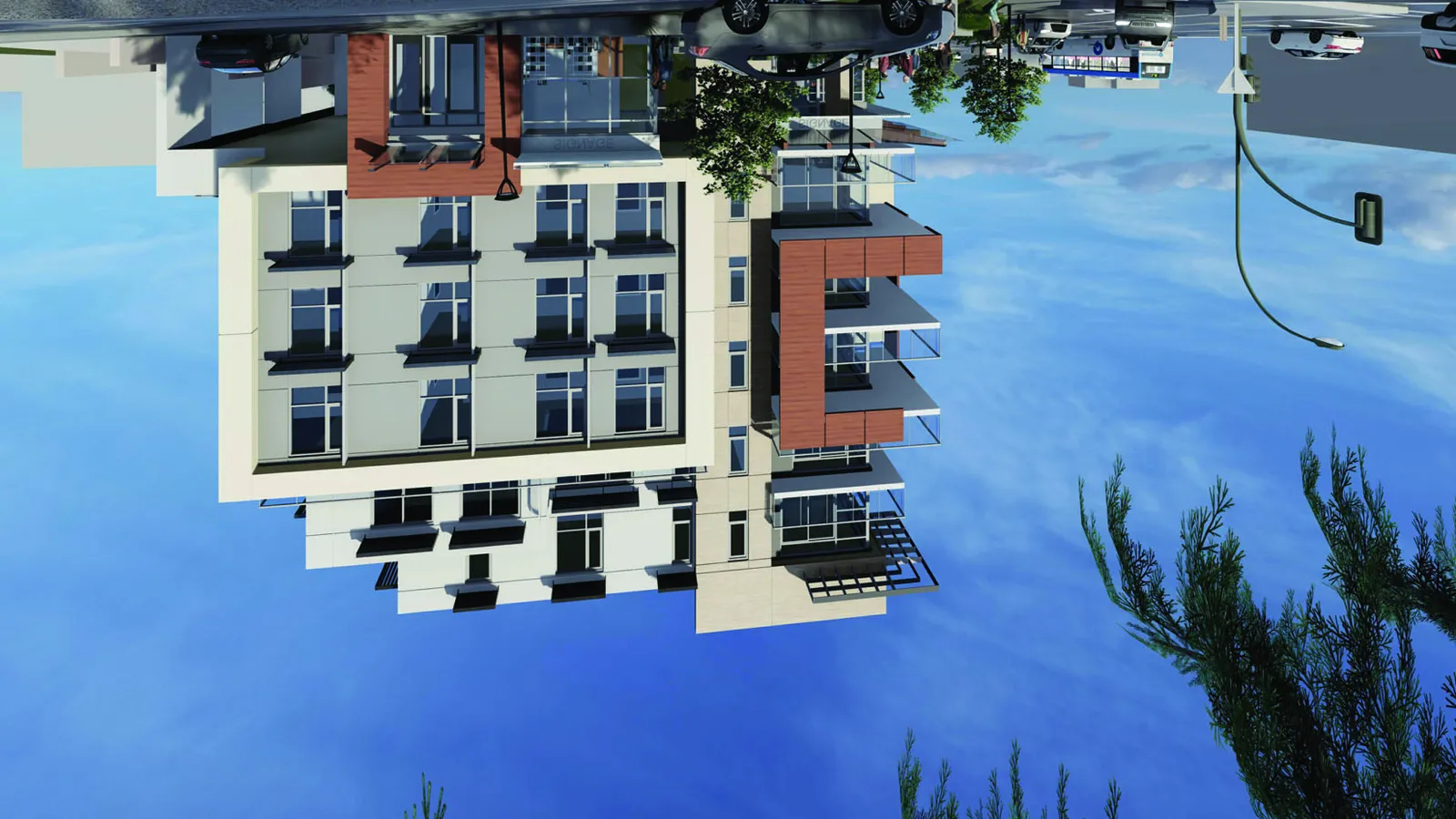 Side perspective rendering showing building facade and landscaping