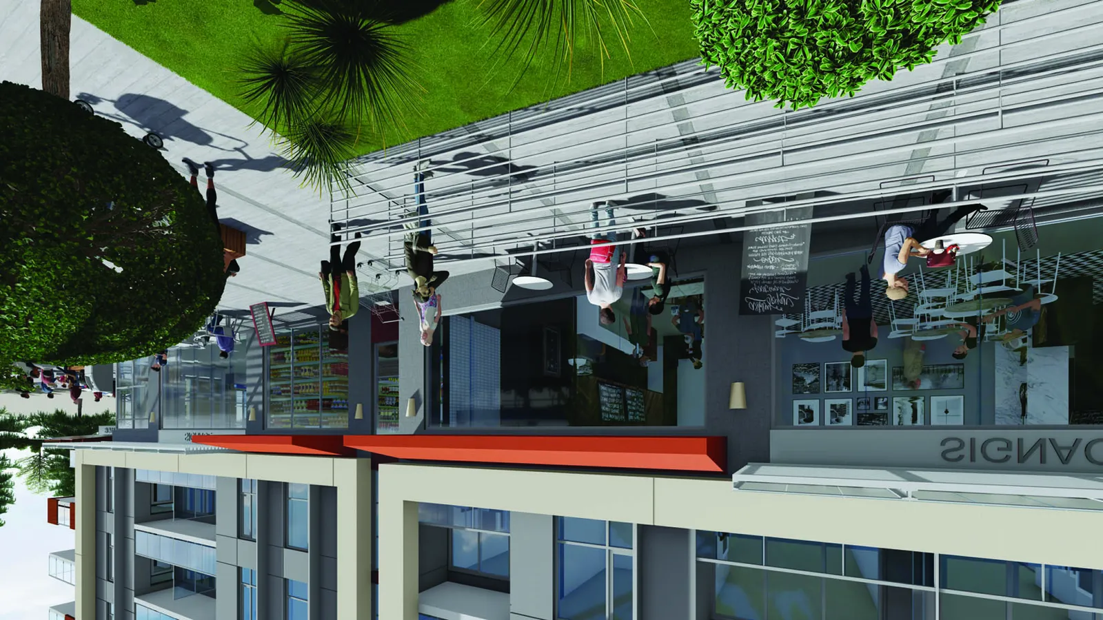 3D rendering of the ground level commercial plaza and seating