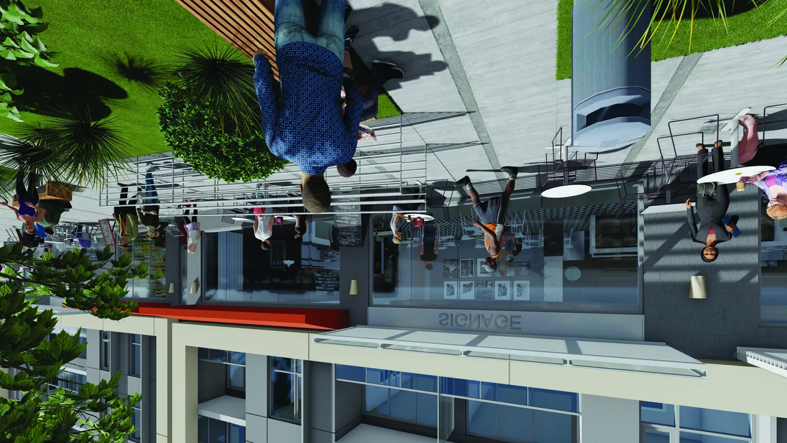 3D rendering of the plaza pedestrian entrance and landscaping