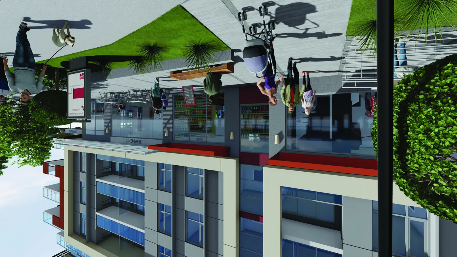 3D rendering of the corner plaza and outdoor cafe area