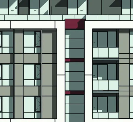 Architectural rendering of the building elevation showing various grey and wood-textured panels