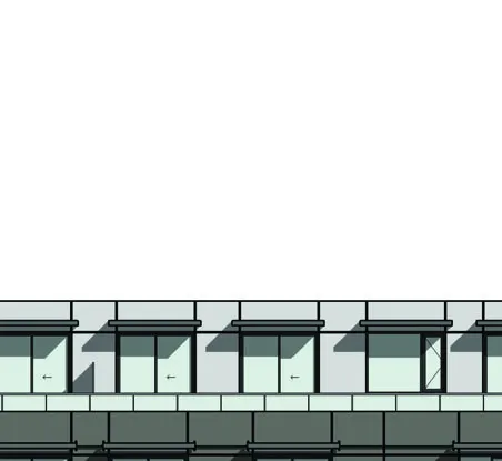 Architectural rendering detail of the building's upper floors and balconies