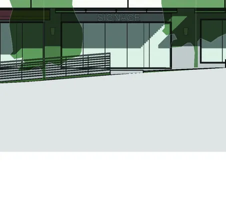 Architectural rendering detail of the ground floor facade with "SIGNAGE" placeholder