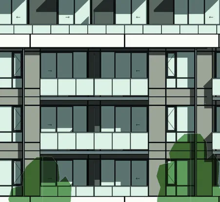 Architectural rendering detail of apartment windows and facade cladding