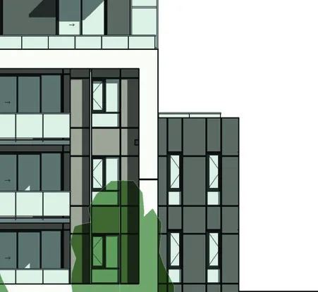 Architectural rendering detail of facade window patterns and glass railings