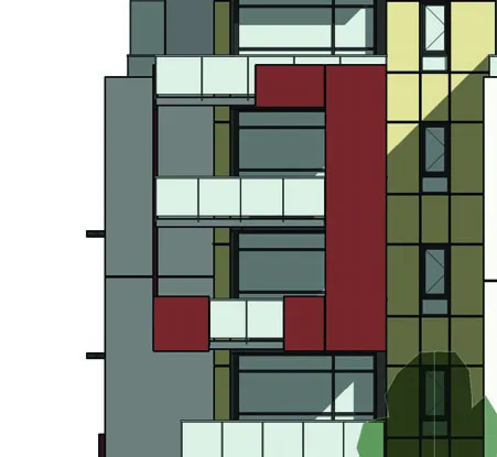 Detail rendering of facade section with mahogany wood-texture panels