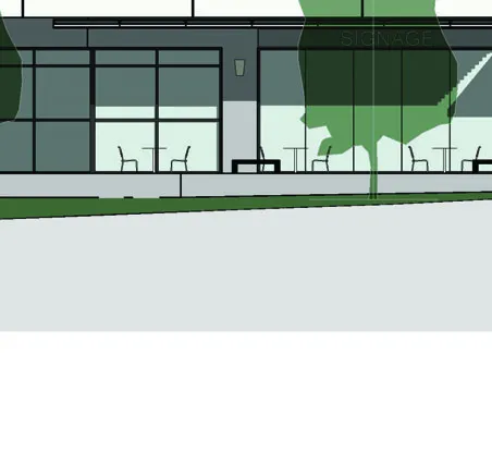 Detail rendering of ground floor outdoor retail/seating space