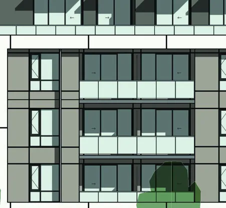 Detail rendering of window patterns on the building elevation