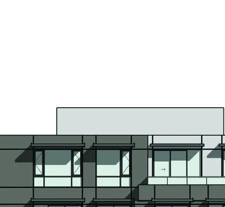 Detail rendering of upper floor facade and balconies