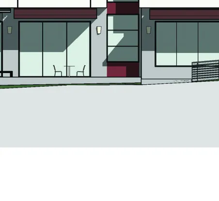 Detail rendering of the street-level storefront and sidewalk area