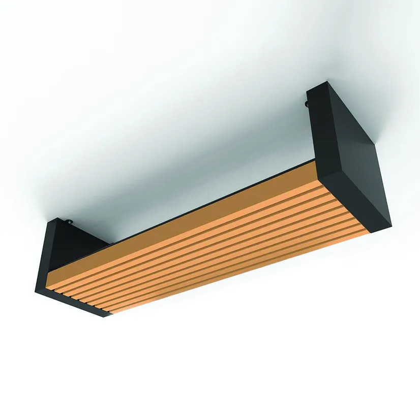 Modern outdoor bench with wooden slats and black metal supports