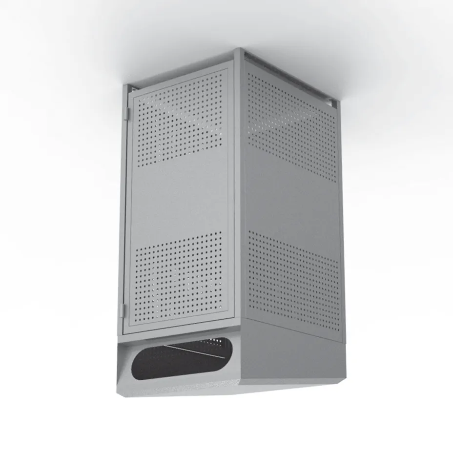 Rectangular grey metal trash receptacle with perforated side panels