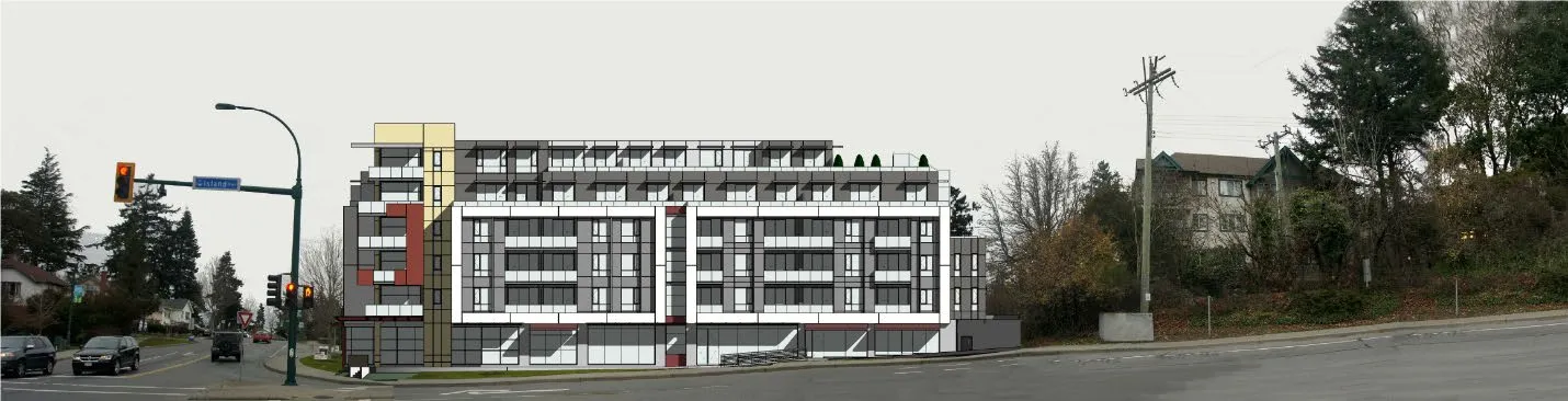 Architectural elevation diagram showing the side view of the six-storey building
