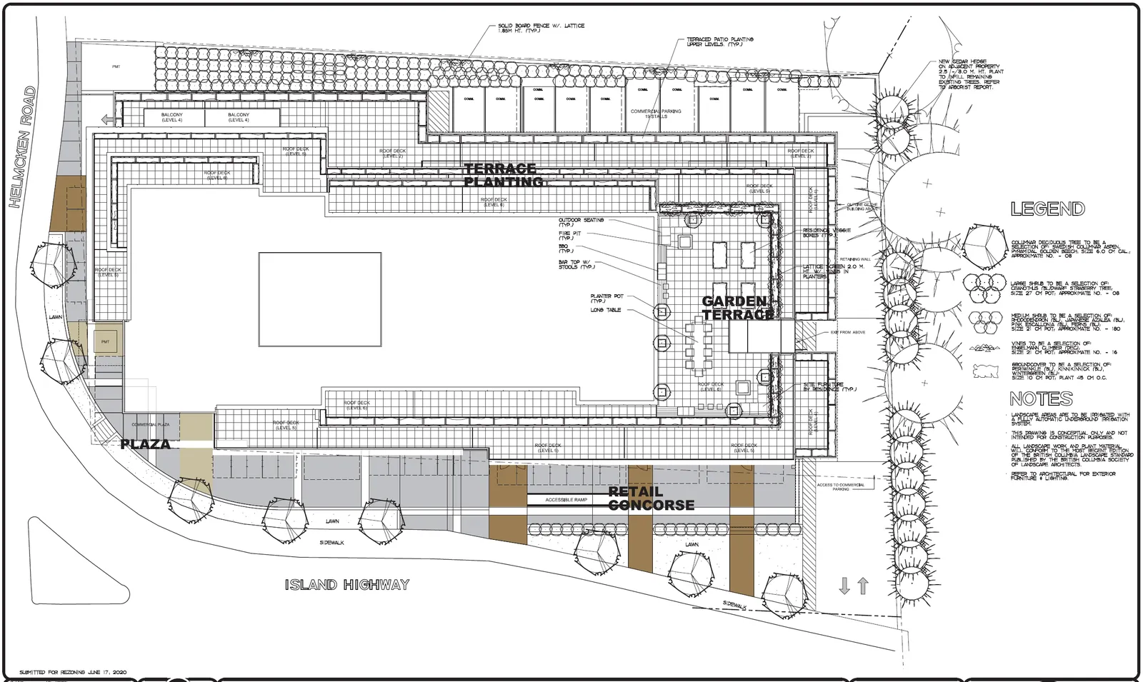 Detailed landscape plan for the development including terrace planting and a garden terrace area