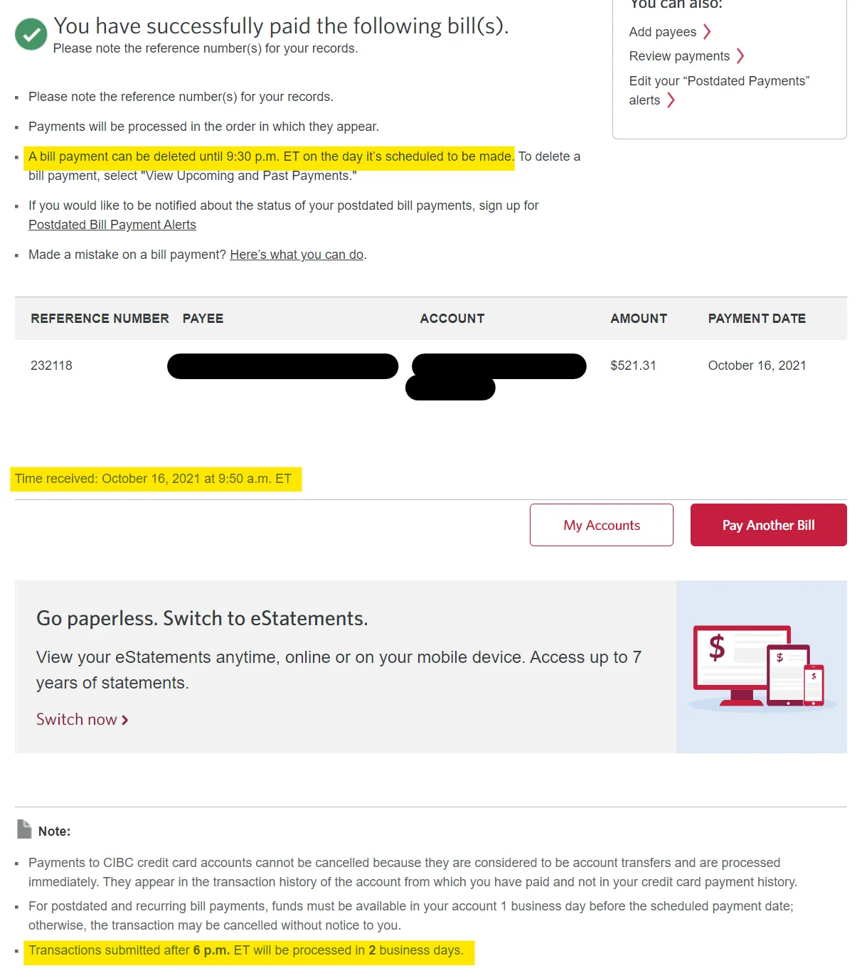 Sample of a CIBC online banking transaction confirmation screen showing a successful bill payment of $521.31 on October 16, 2021.