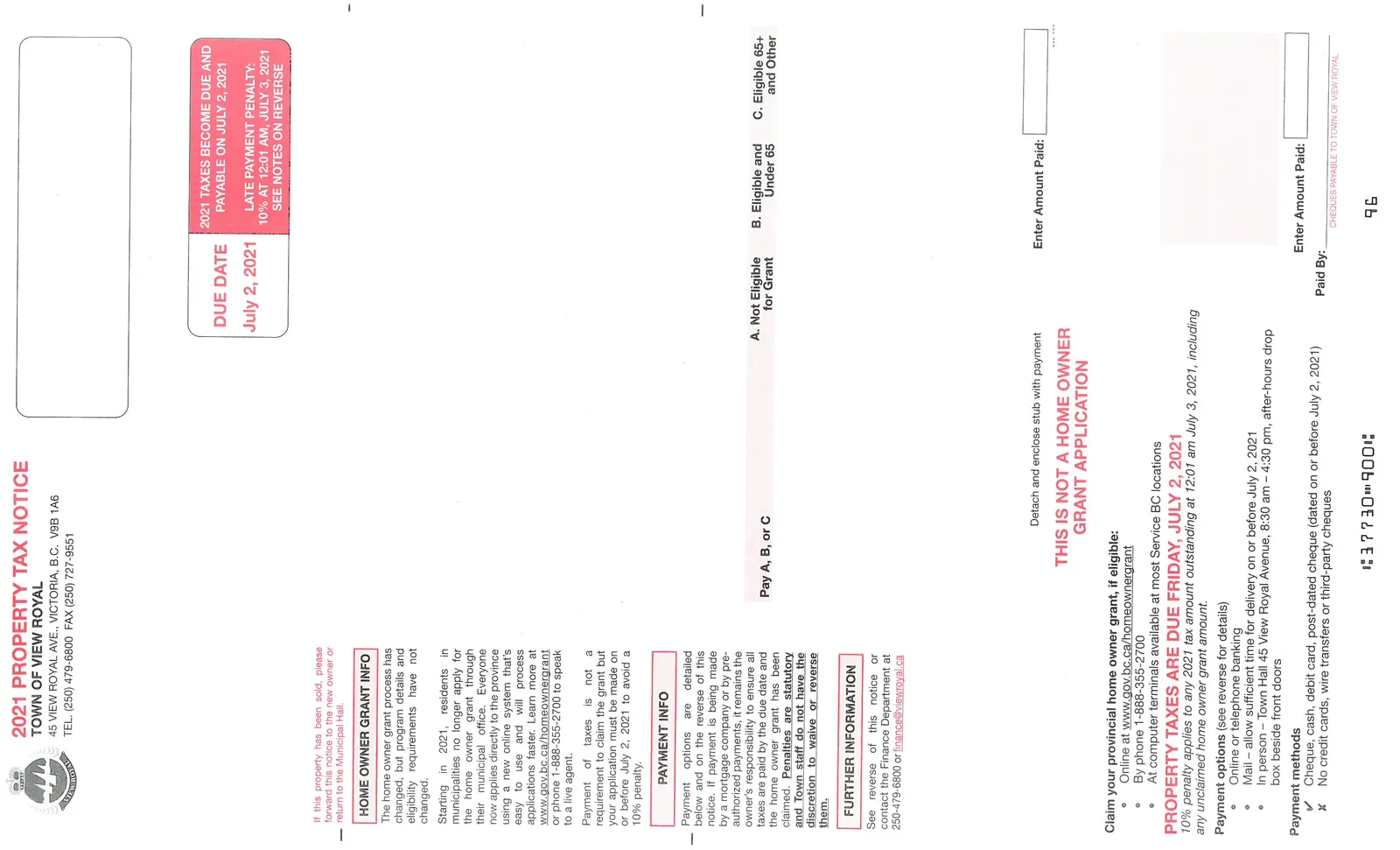 Front of the 2021 Property Tax Notice showing payment instructions and home owner grant information